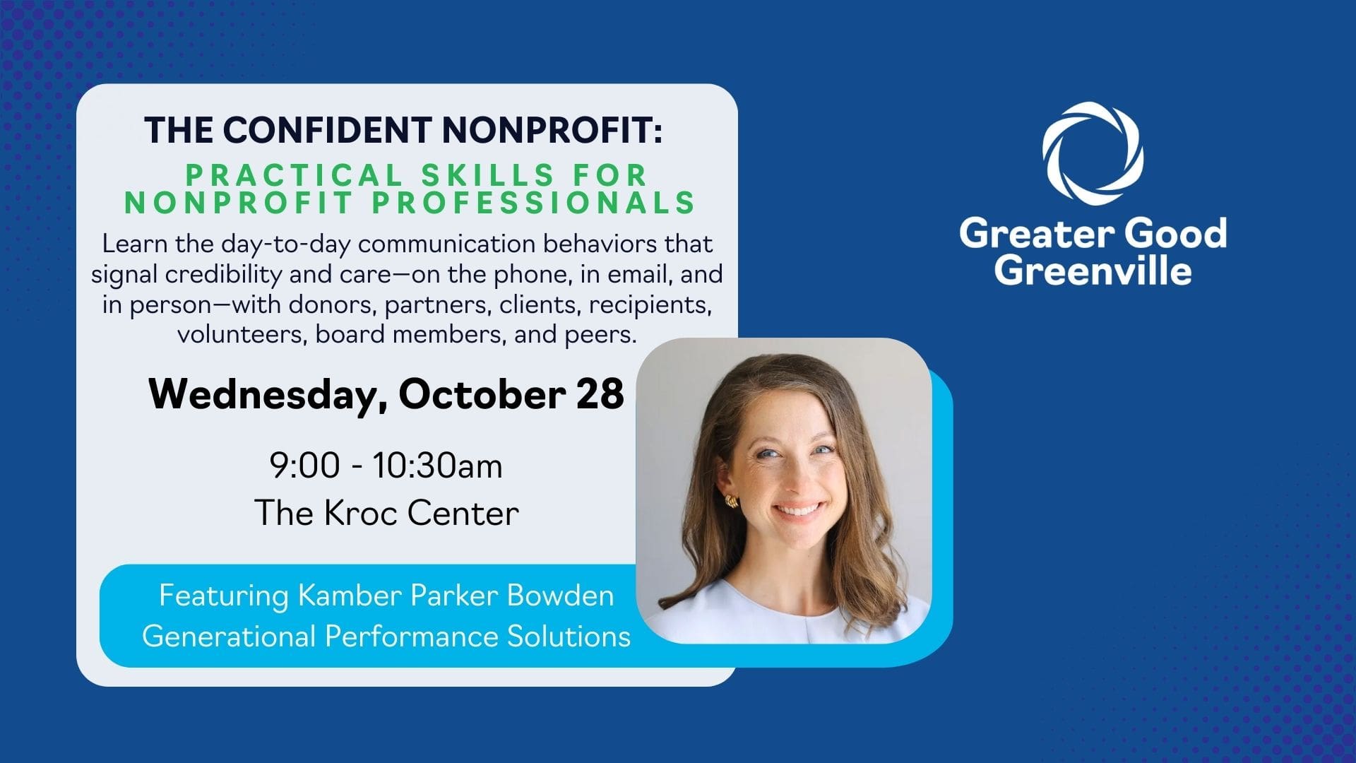 The Confident Nonprofit: Practical Skills for Nonprofit Professionals event graphic featuring Kamber Parker Bowden