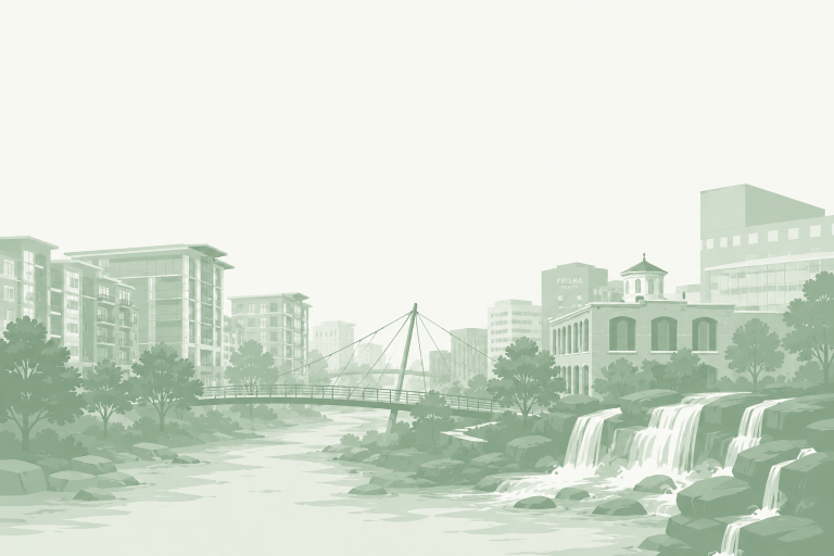 Stylized illustration of Greenville's Falls Park