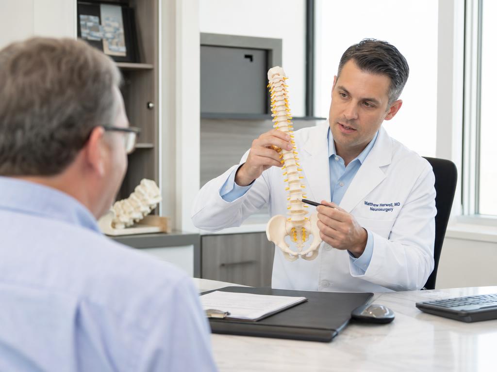 A CONA neurosurgeon showing a spinal column model to a patient