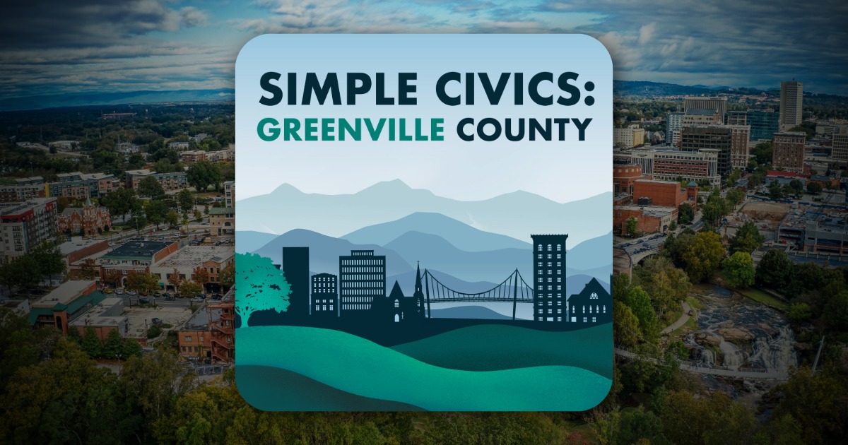Simple Civics: Greenville County logo over an aerial view of Greenville