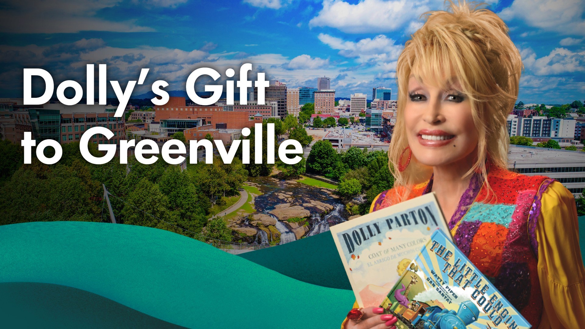 Dolly Parton holding books over a Greenville, South Carolina skyline
